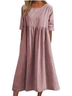 Women's Pink Stylish Sleeve Crewneck Floral Print Casual Mode Maxi Long Dress